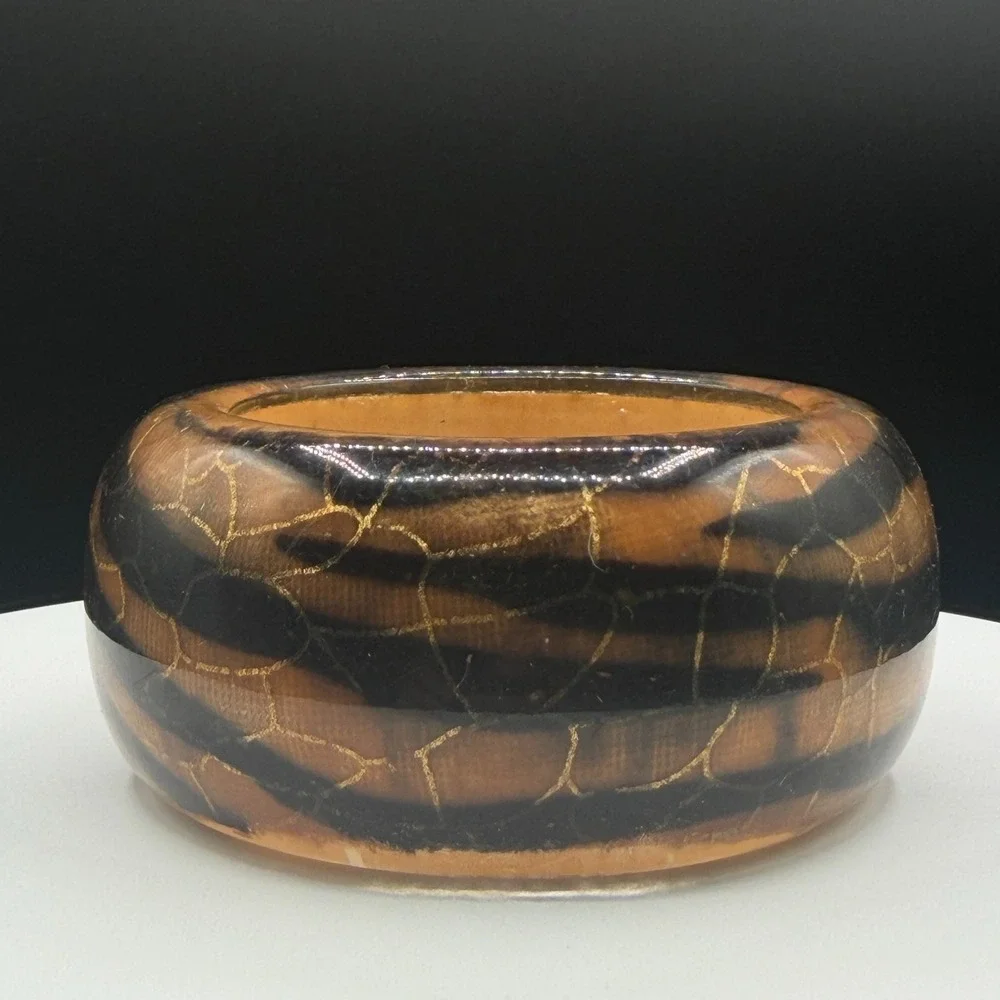 Chunky Brown Black Resin Bangle Bracelet Gold Tone Crackle Mosaic Boho Statement